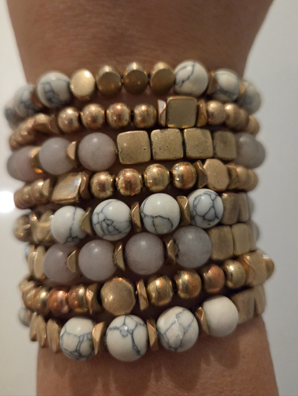 Stacked Gold-Tone and White Bead Stretch Bracelet Set